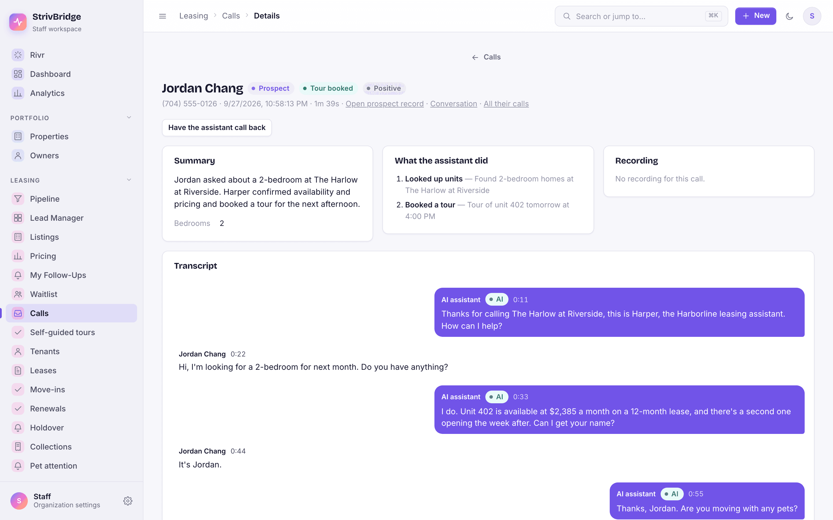 A phone call the AI assistant answered, with a summary and the tour it booked.