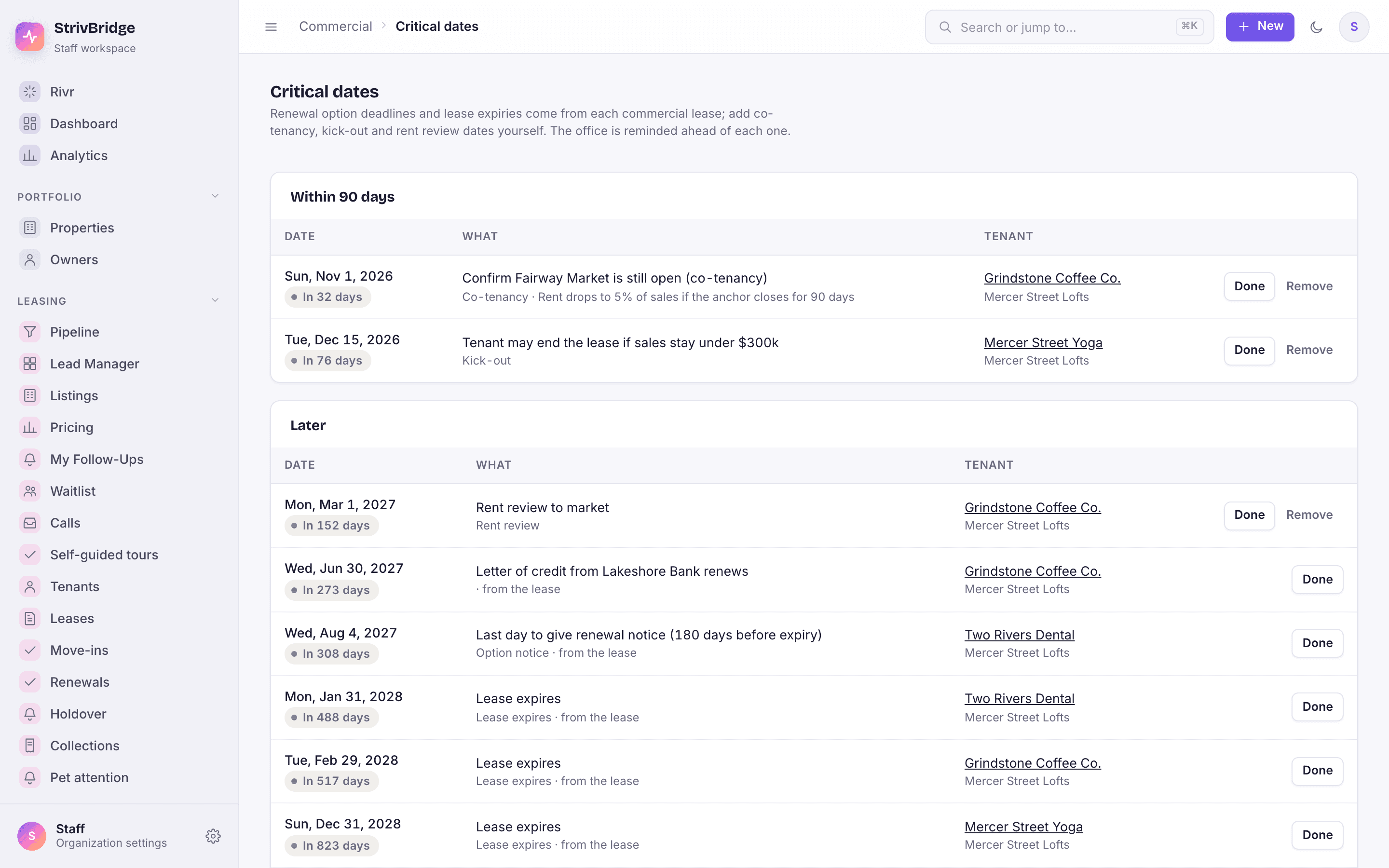 Critical dates by urgency: co-tenancy, rent review, renewal option notice and lease expiries.