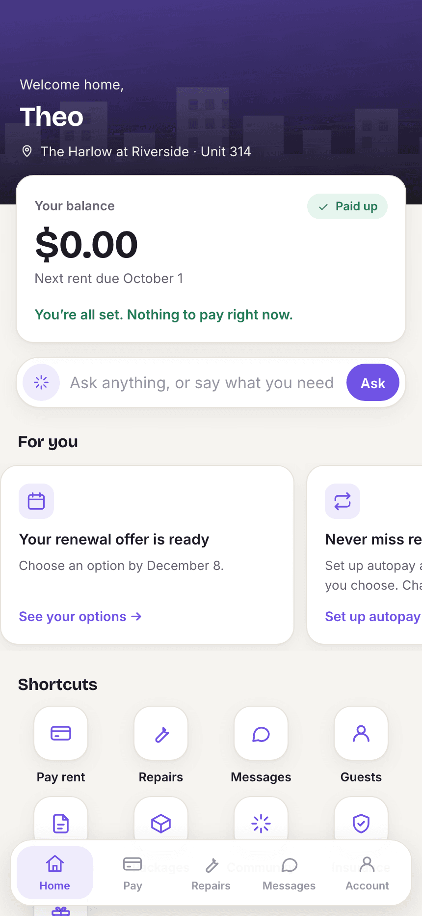 The resident app's home screen: balance paid up, rent due October 1, a renewal offer and shortcuts.