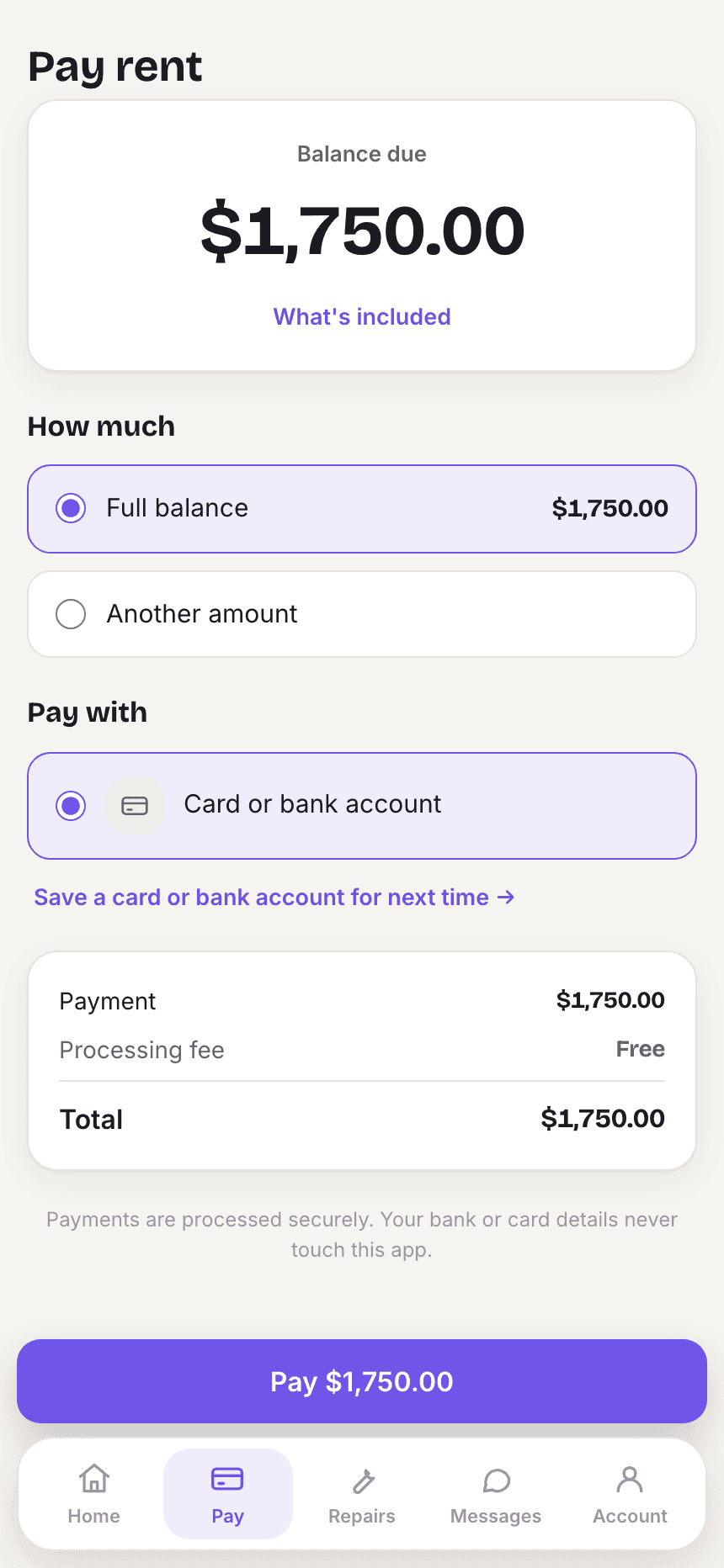 Paying rent in the resident app: full balance or another amount, card or bank account, and the total.